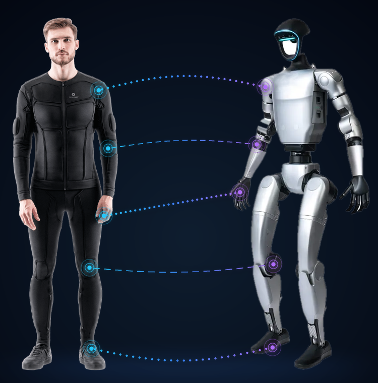 Teslasuit wearer connected to a humanoid robot